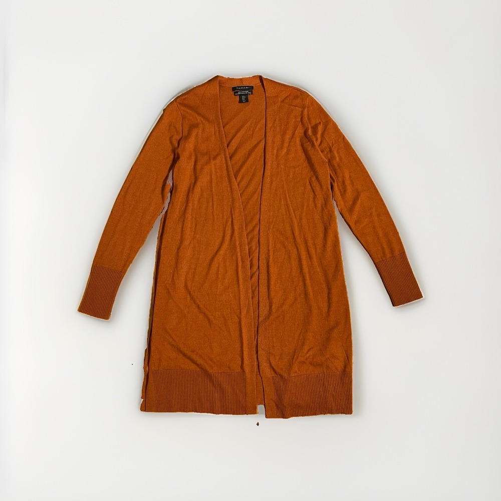 Tahari Burnt Orange Open Front Drapy Long Merino Wool Blend Cardigan Size M